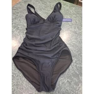 Shaperin Womens Ruched One Piece Swimsuit M Black Stretch Tummy Control Snatched